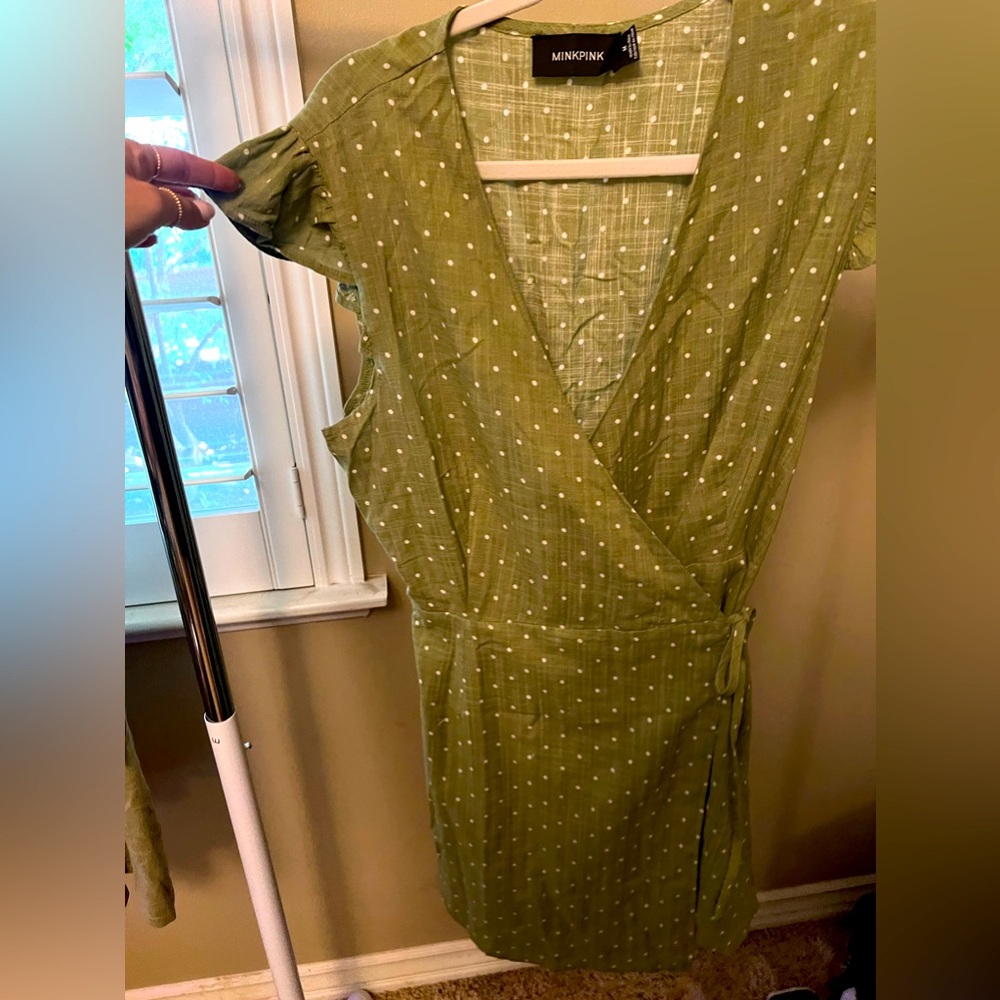 Olive green wrap dress with white polka dots. Size medium!